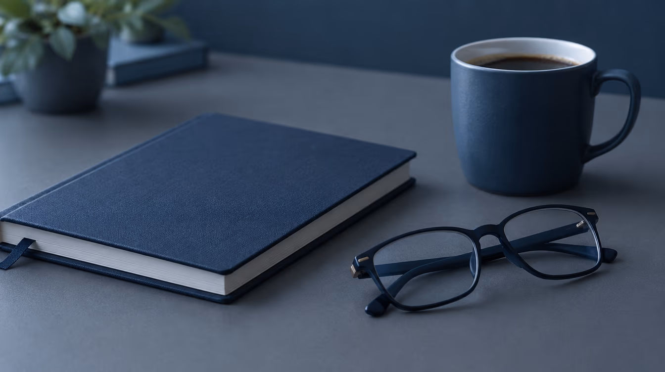 Libreta técnica cerrada junto a unas gafas de lectura y una taza sobre un escritorio