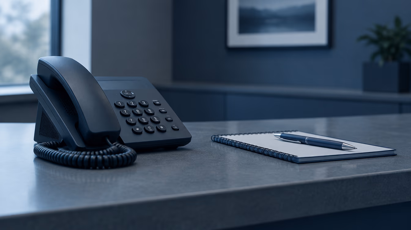 Teléfono de escritorio y libreta sobre el mostrador de recepción de una oficina
