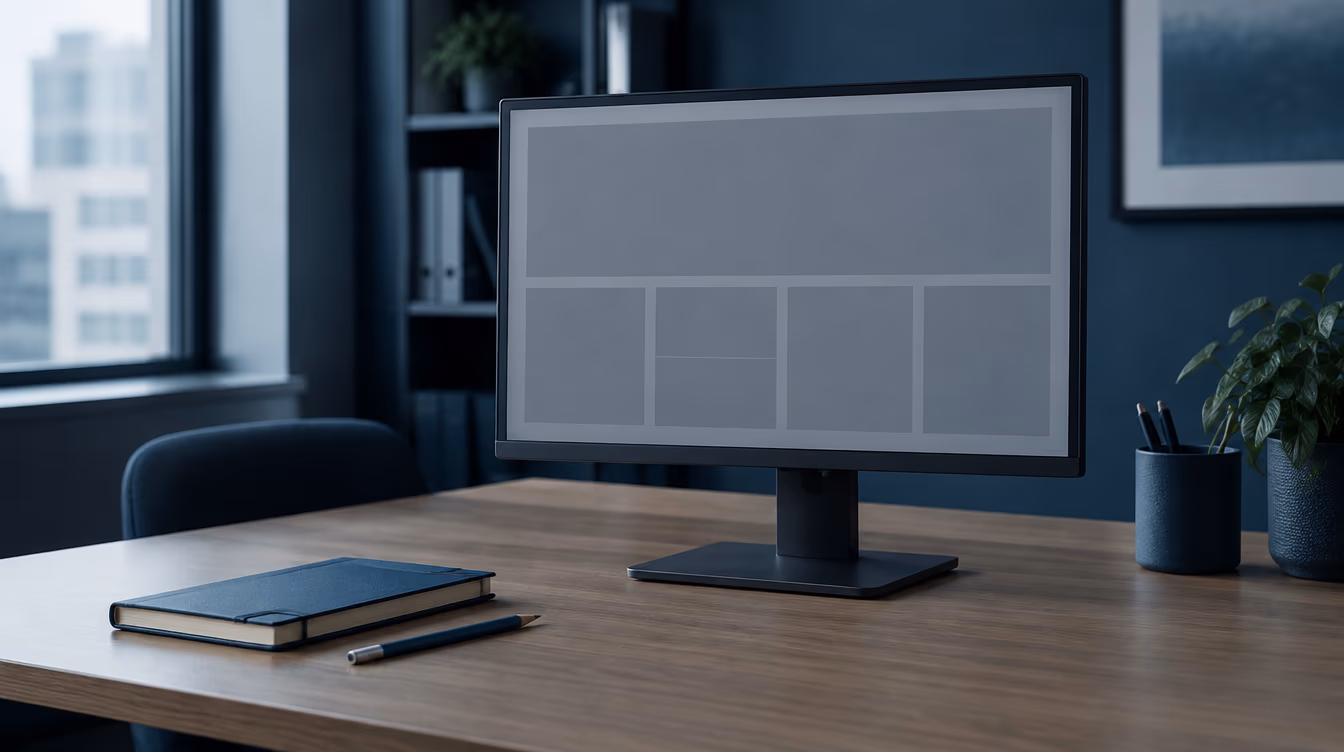 Monitor sobre un escritorio ordenado mostrando una retícula de maquetación