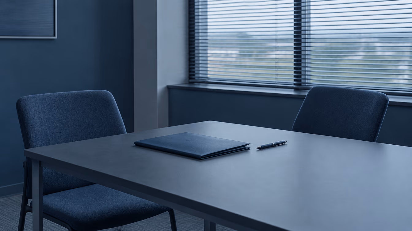 Rincón de reunión de una oficina pequeña, con una mesa, una carpeta cerrada y dos sillas vacías