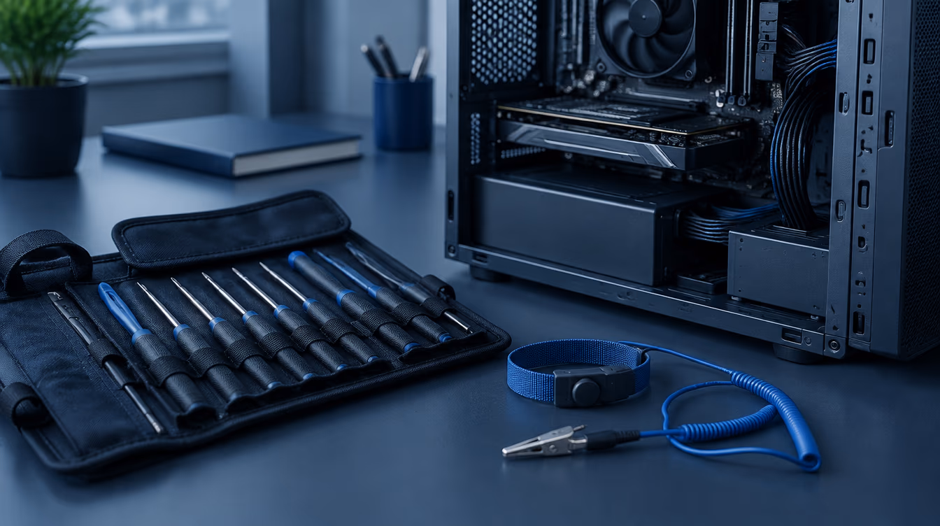 Herramientas de técnico dispuestas junto a una computadora abierta sobre un escritorio