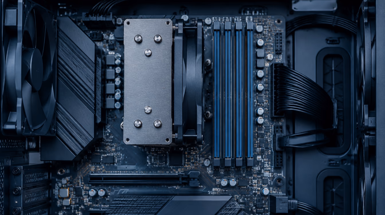 Interior limpio de una computadora de escritorio visto desde arriba