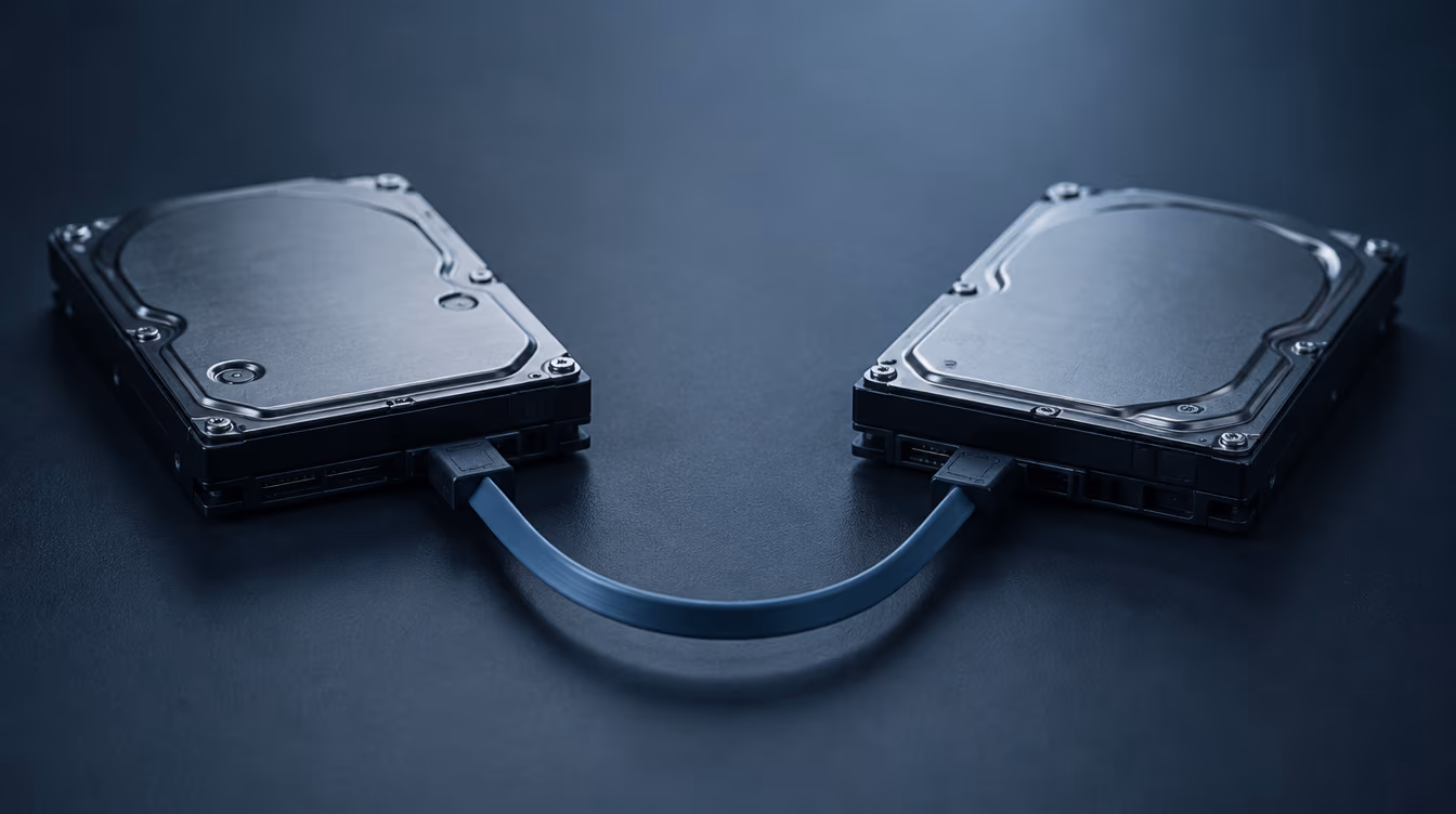 Dos discos duros de servidor conectados entre sí por un cable de datos