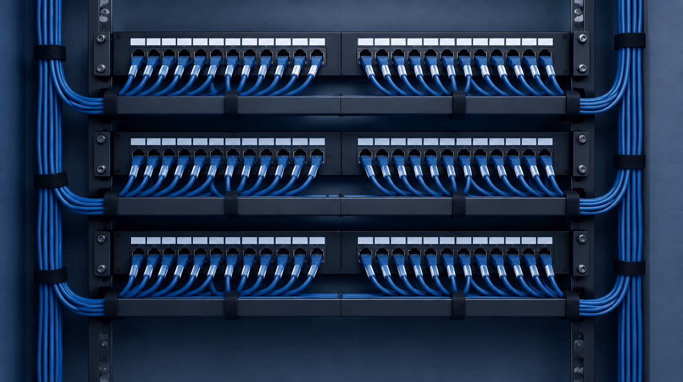 Panel de parcheo de red montado en pared, con todos los cables peinados y etiquetados