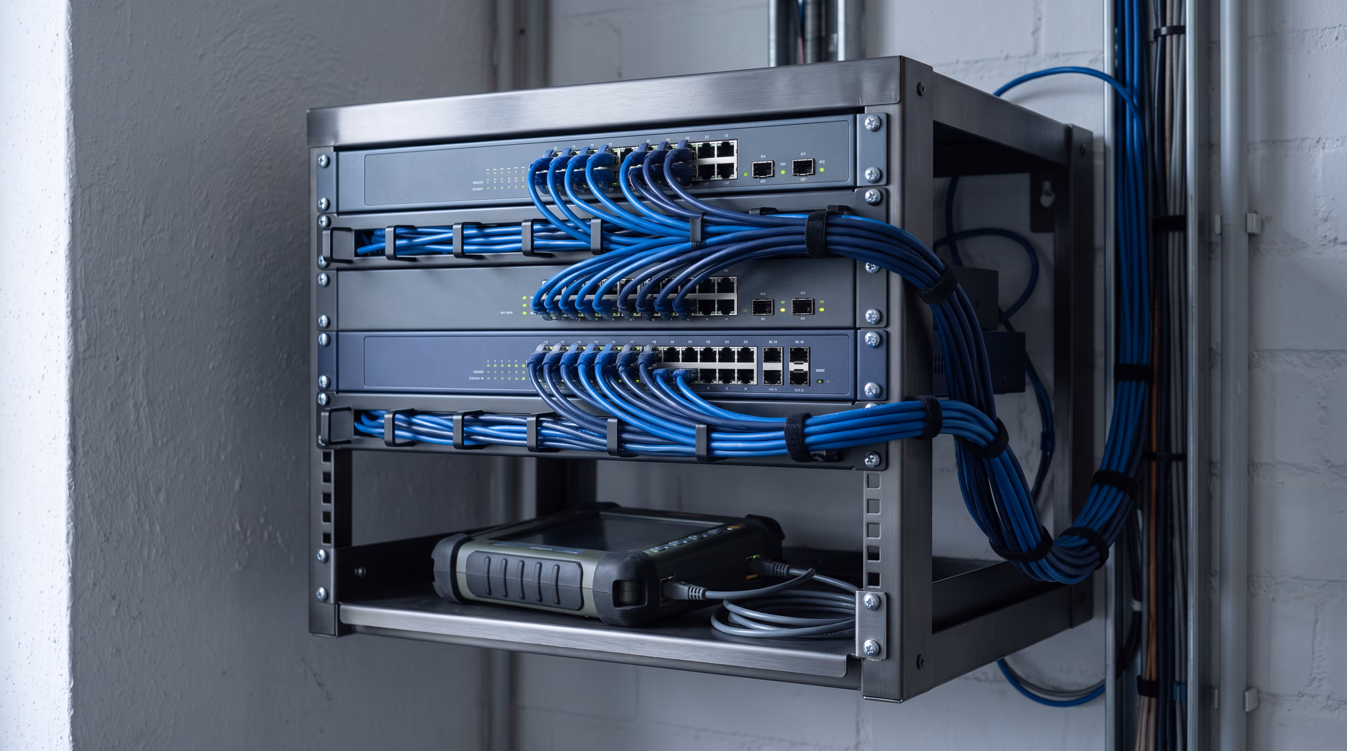 Pila de switches en un rack de pared, con el cableado guiado y un certificador de cable en la bandeja