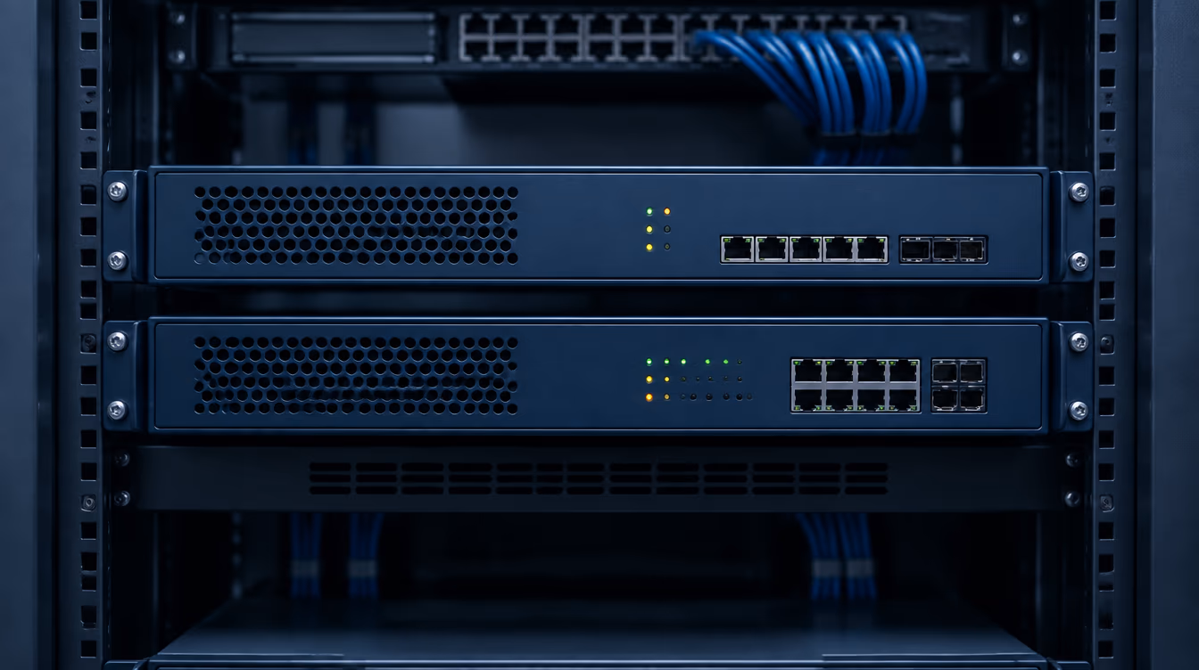 Equipo de seguridad de red montado en rack, con sus luces de estado