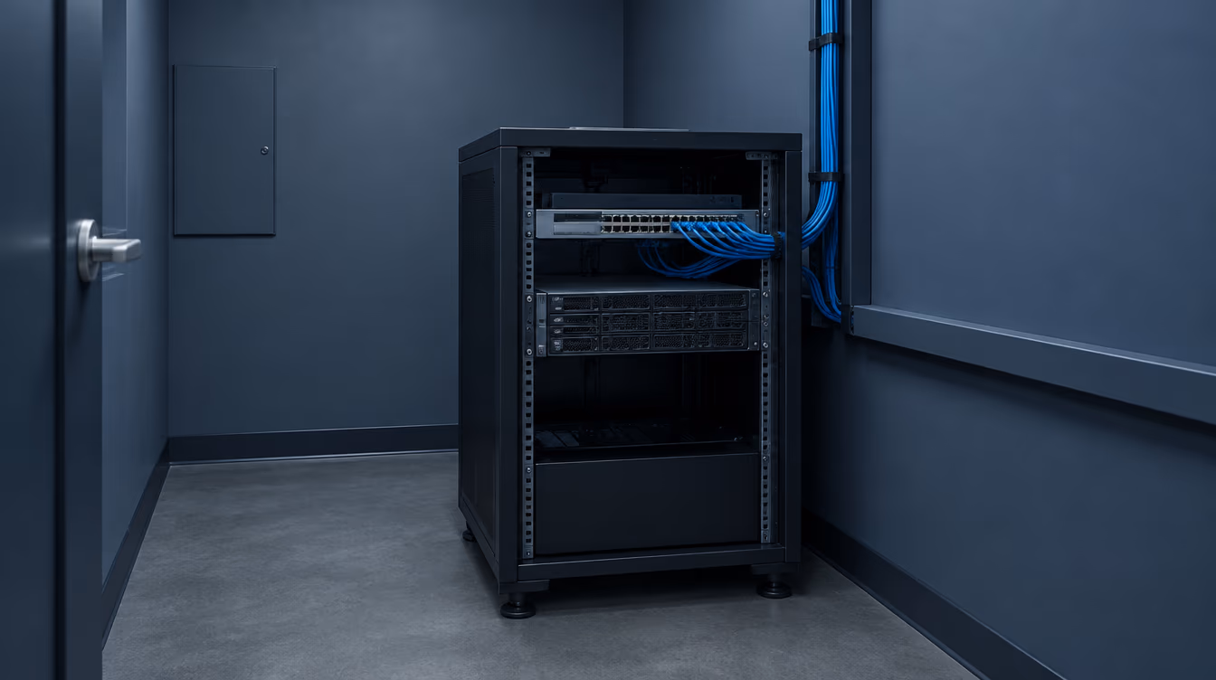 Cuarto de servidores de una empresa pequeña, con su rack, el switch y el cableado ordenado