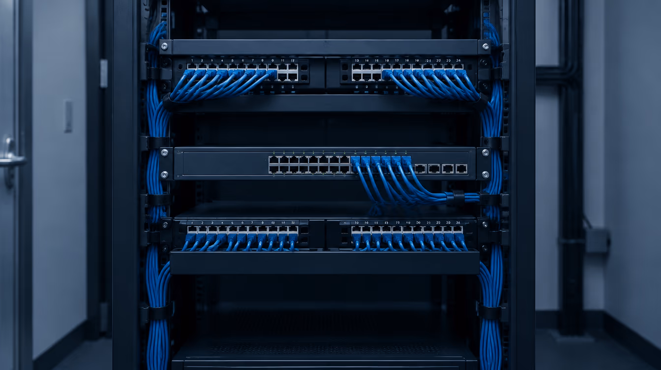 Rack de red de una oficina con el cableado ordenado y etiquetado